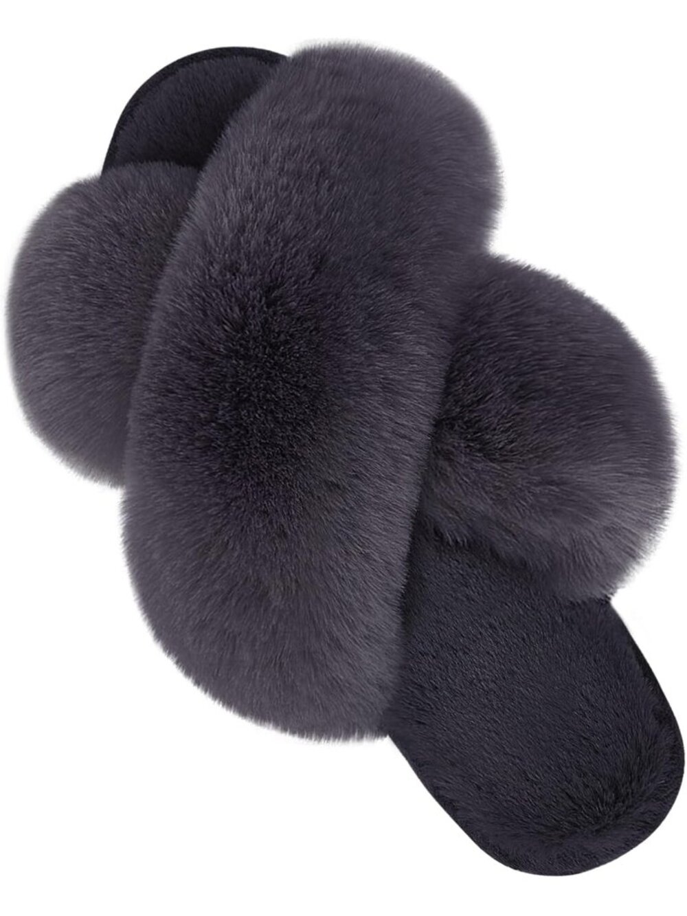 Women's Dark Grey Fuzzy Cross Band Slippers Memory Foam House Shoes Slip On